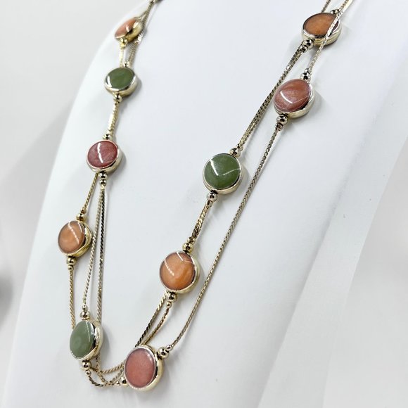 Green, Peach & Coral Enameled Disks Gold Tone 22” Multi Strand Necklace - Picture 2 of 7